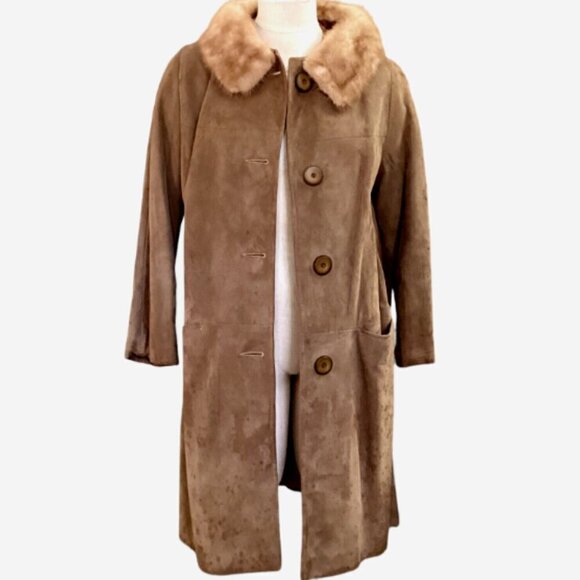 VTG 1960s Women's Suede Coat Mink Fur Collar Sz 10 Camel/Tan #265F - Picture 3 of 9